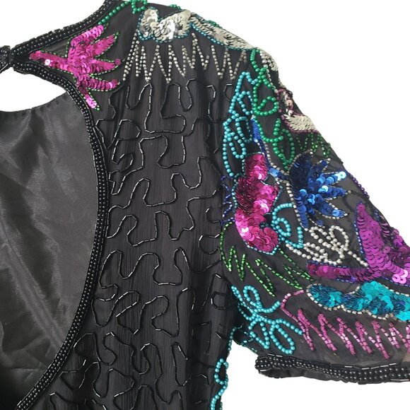 Vintage Sweelo Beaded Sequin Dress 80s Prom Cocktail Black Rainbow Glam Fancy - Picture 7 of 15